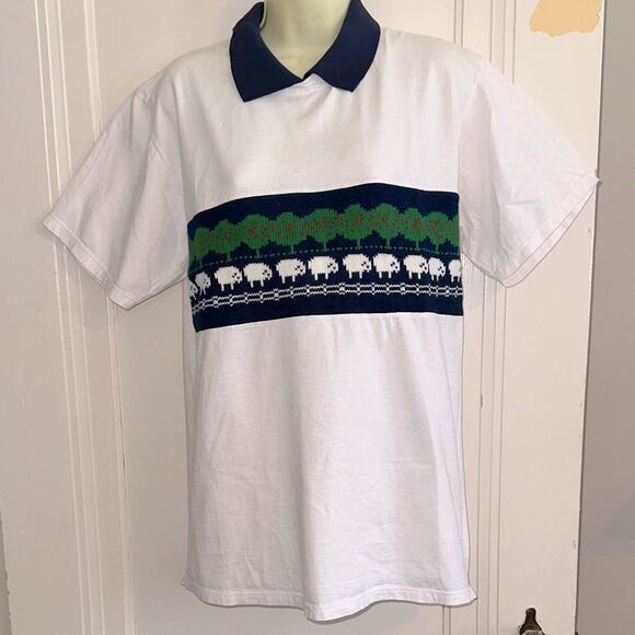 Vtg 80s Jerzees White Polo Type Shirt with Blue & Green Sheep & Trees Design - Picture 1 of 8
